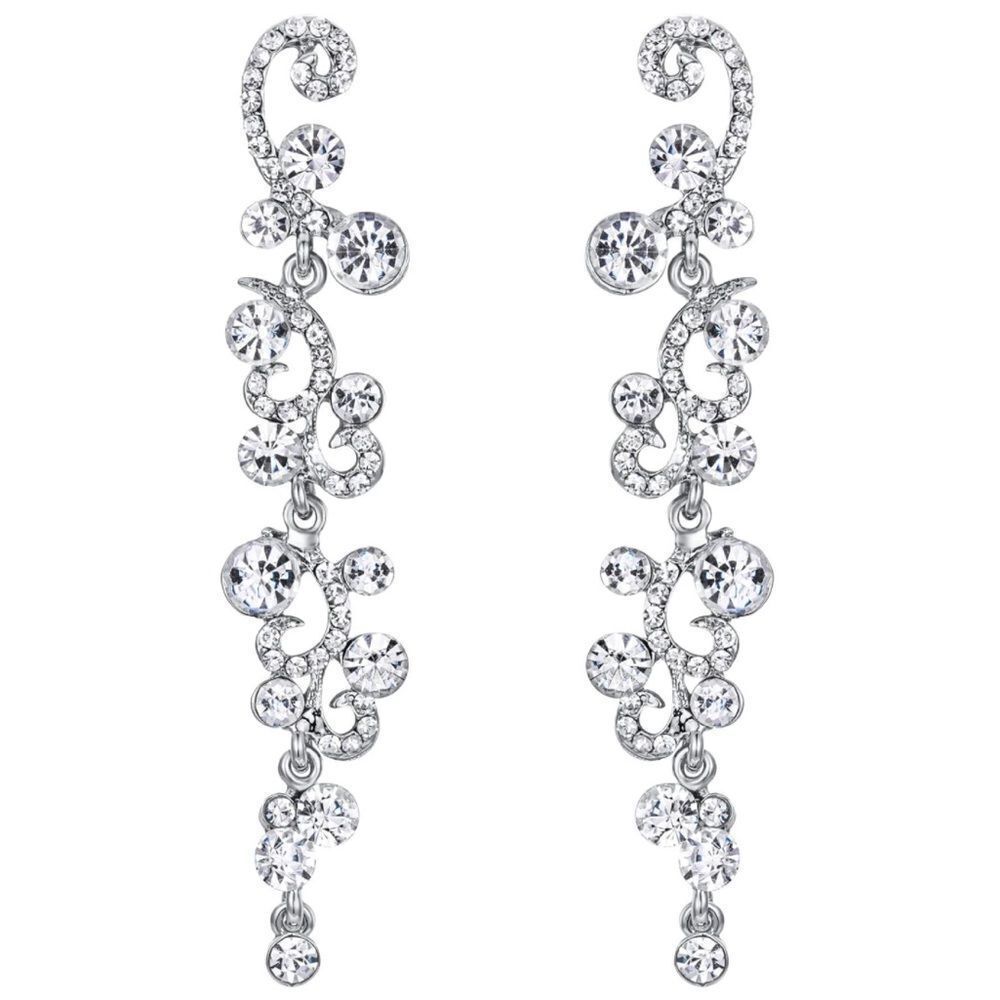 Silver with White Diamond Austrian Crystal Wave Statement Post Drop Earrings